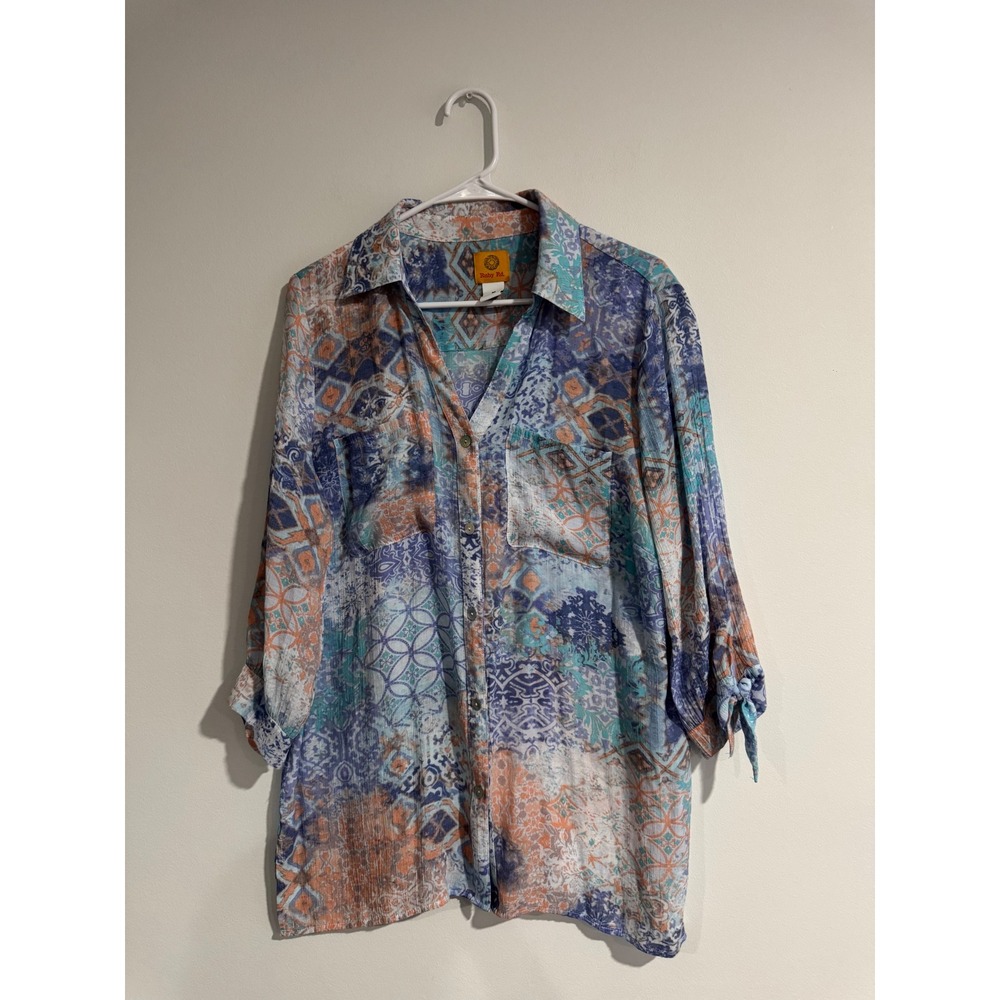 Ruby Rd Mosaic Tile Print Blouse Womens M Blue Eclectic Spring Bohemian Vacation